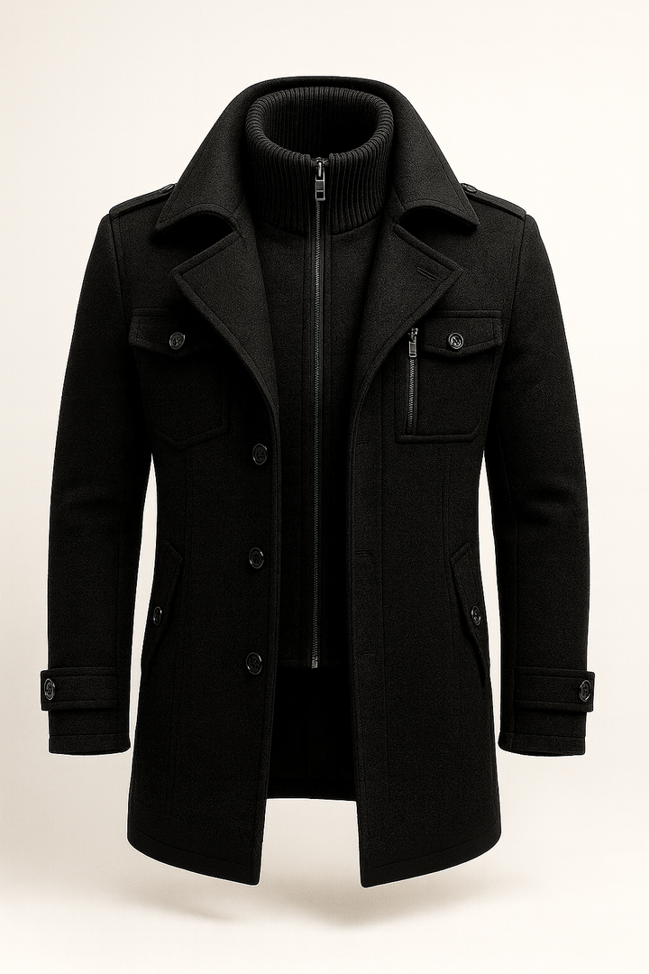 Weston black peacoat, front view showing tailored collar and pockets