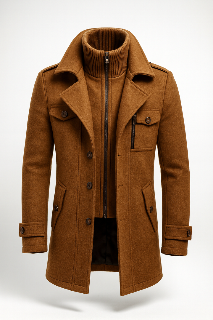 Weston peacoat in brown, front view with knit zip collar