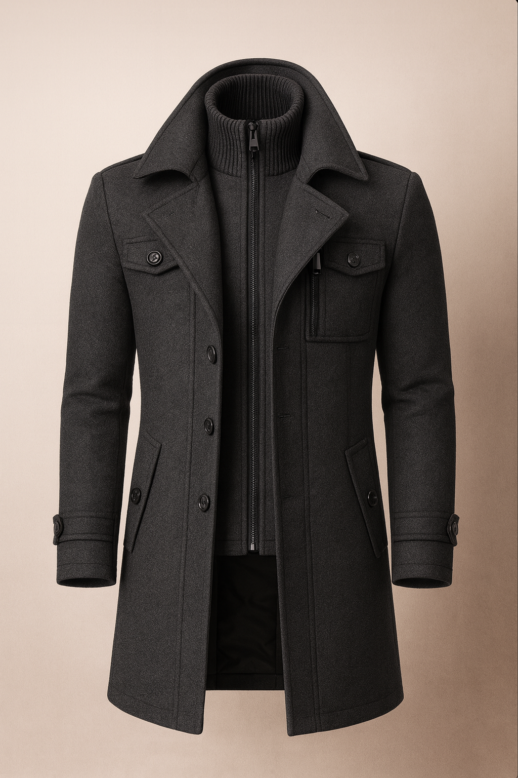 Weston charcoal peacoat, front view on neutral background