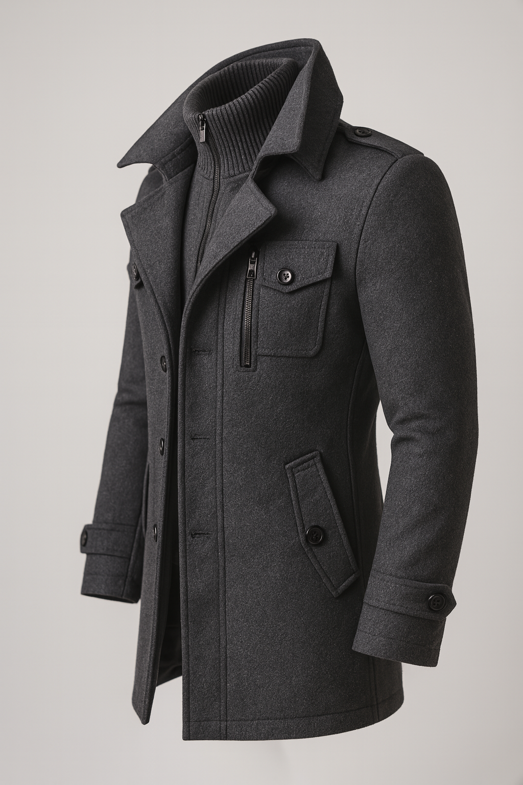 Weston charcoal peacoat, angled side view showing tailored fit