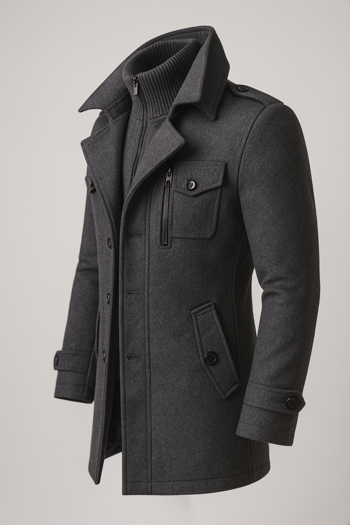 Weston charcoal peacoat, angled side view showing tailored fit