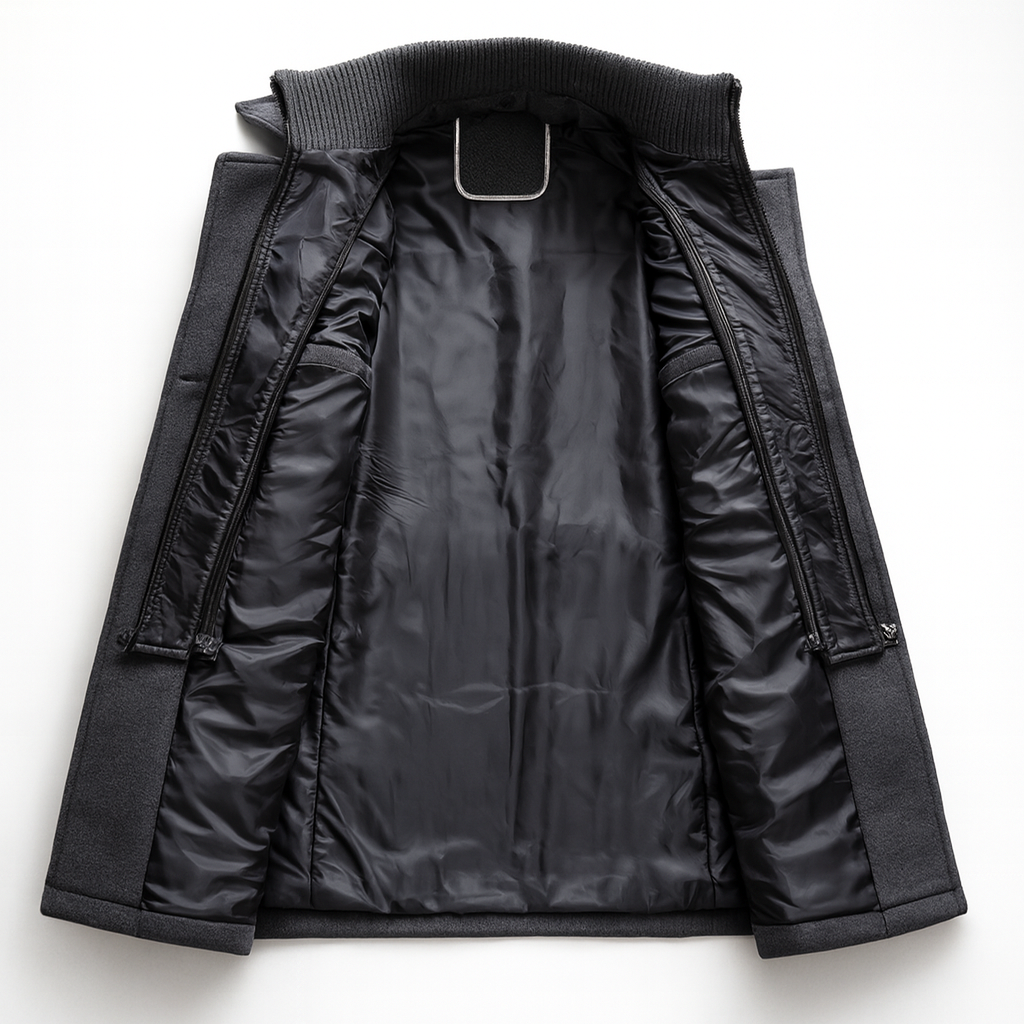 Weston peacoat interior lining and knit collar detail