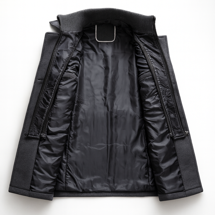 Weston peacoat interior lining and knit collar detail