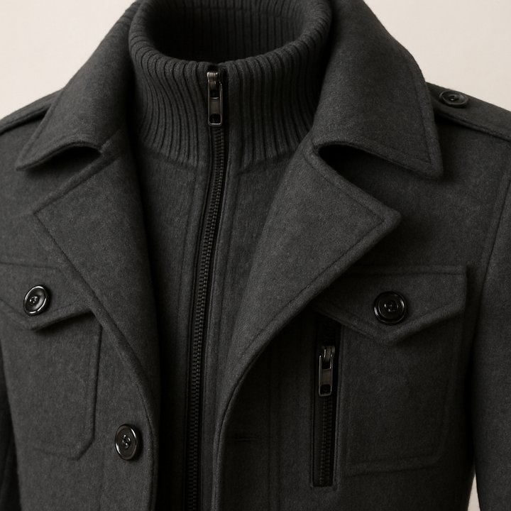 Close-up of Weston peacoat zip-up knit collar and lapel