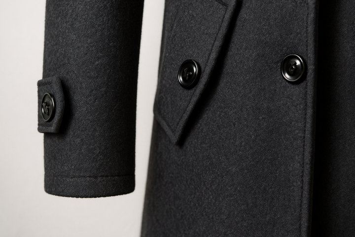 Close-up of Weston peacoat cuff button and pocket flap