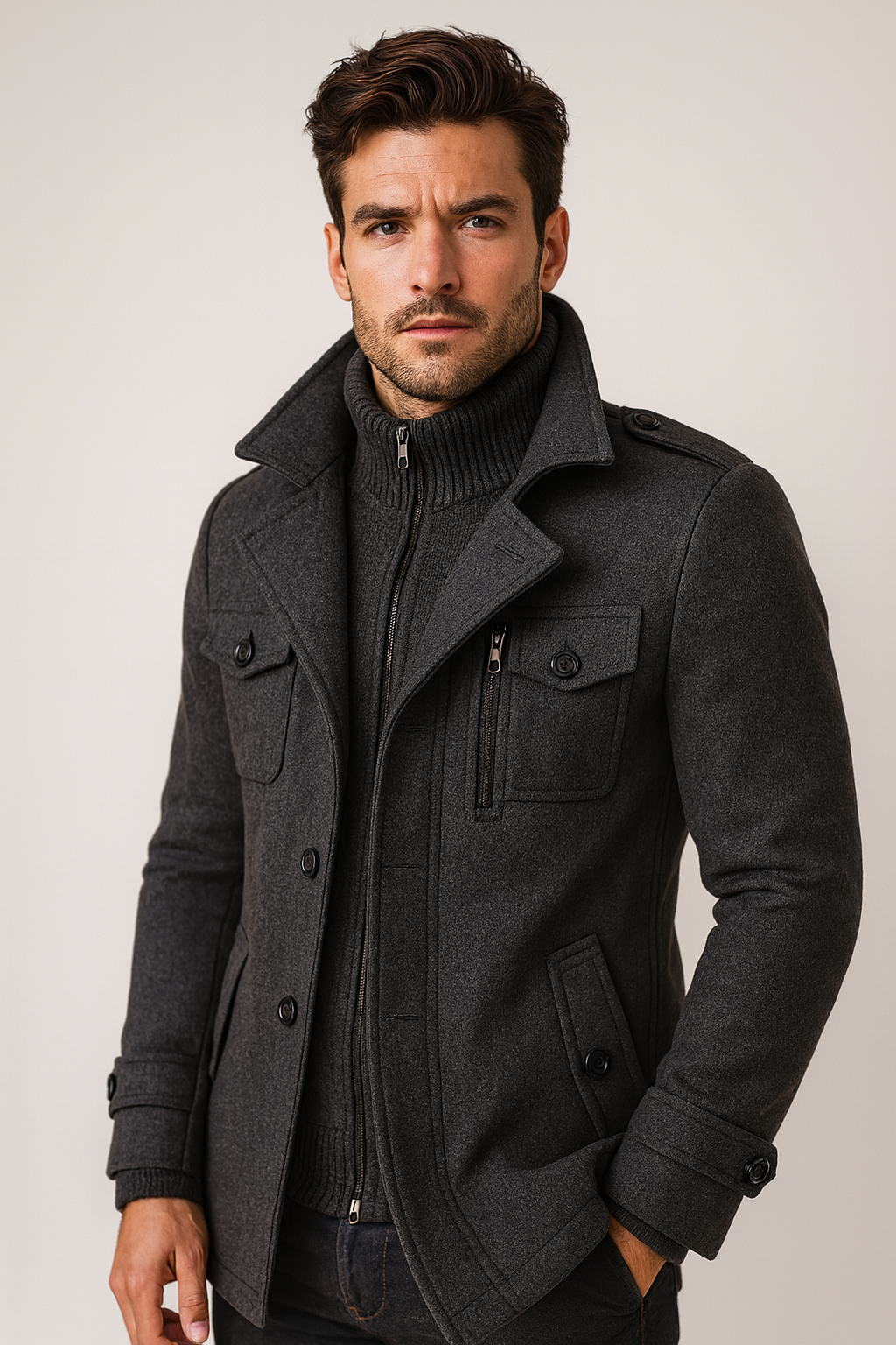 Man wearing Weston charcoal peacoat with zipped knit collar