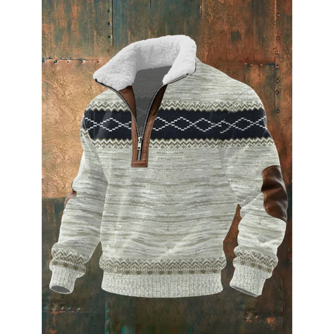 Beige and navy striped quarter-zip sweater with fleece collar