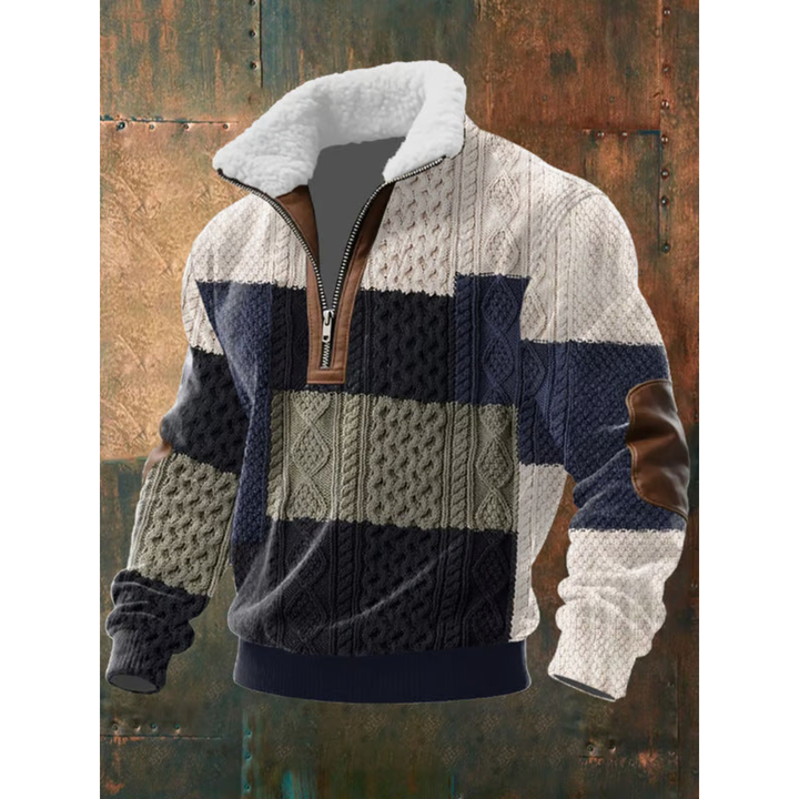 Cream, navy and gray colorblock quarter-zip sweater with sherpa collar