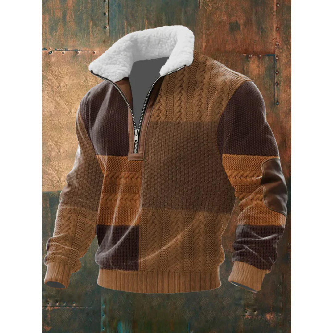 Brown colorblock quarter-zip sweater with fleece collar