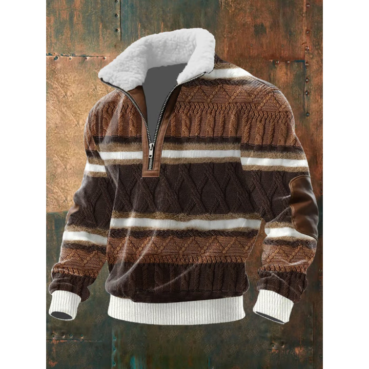Brown striped quarter-zip sweater with sherpa collar