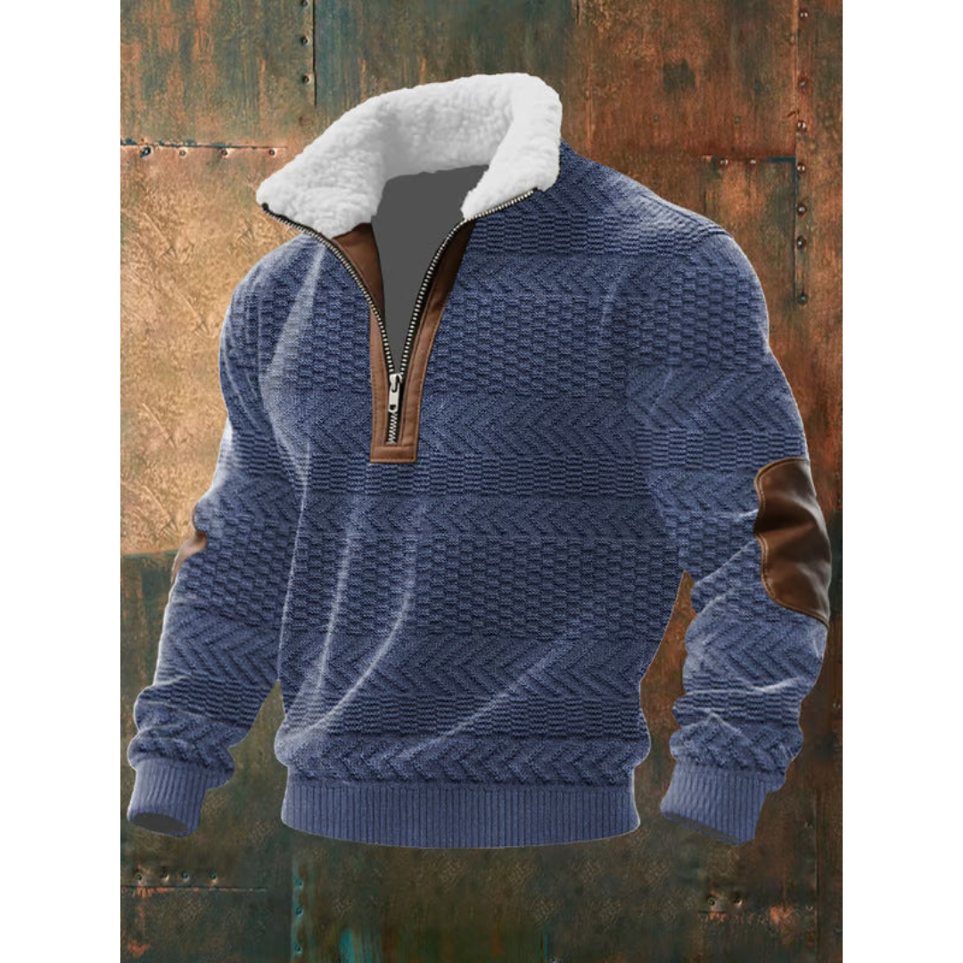 Blue textured knit quarter-zip sweater with fleece collar