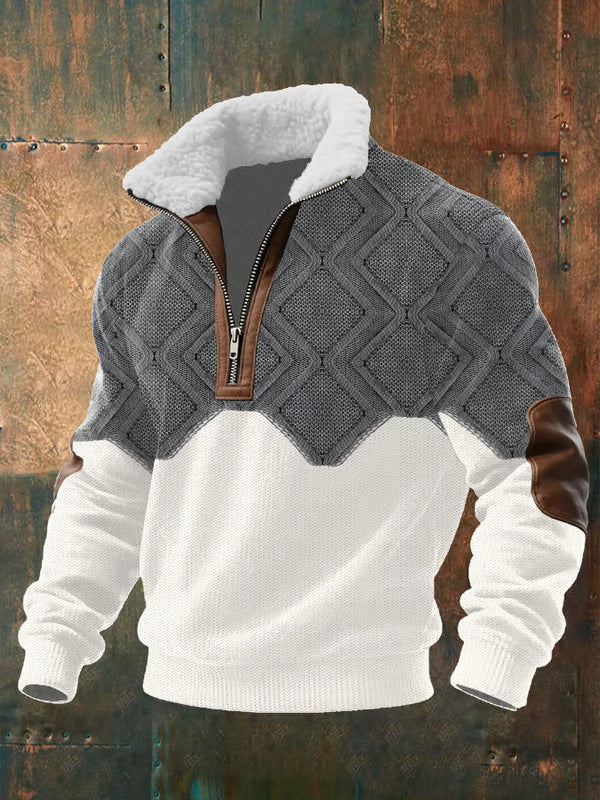 Gray and white colorblock quarter-zip sweater with fleece collar, side view