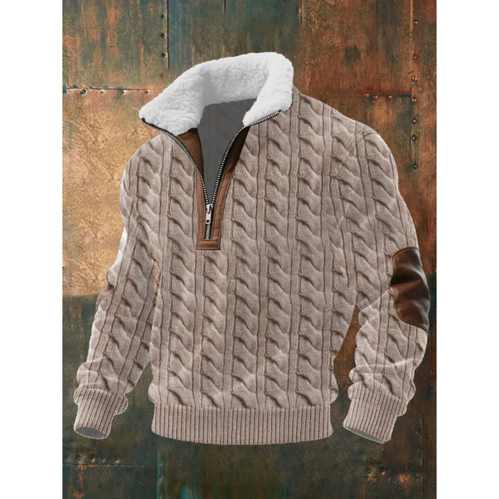 Taupe cable knit quarter-zip sweater with sherpa collar and elbow patch
