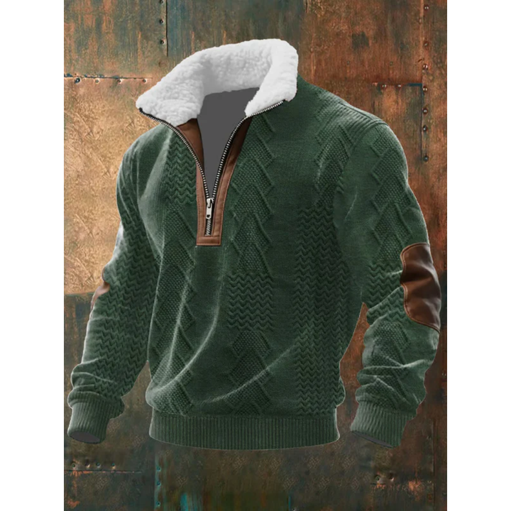 Olive green textured knit quarter-zip sweater with fleece collar
