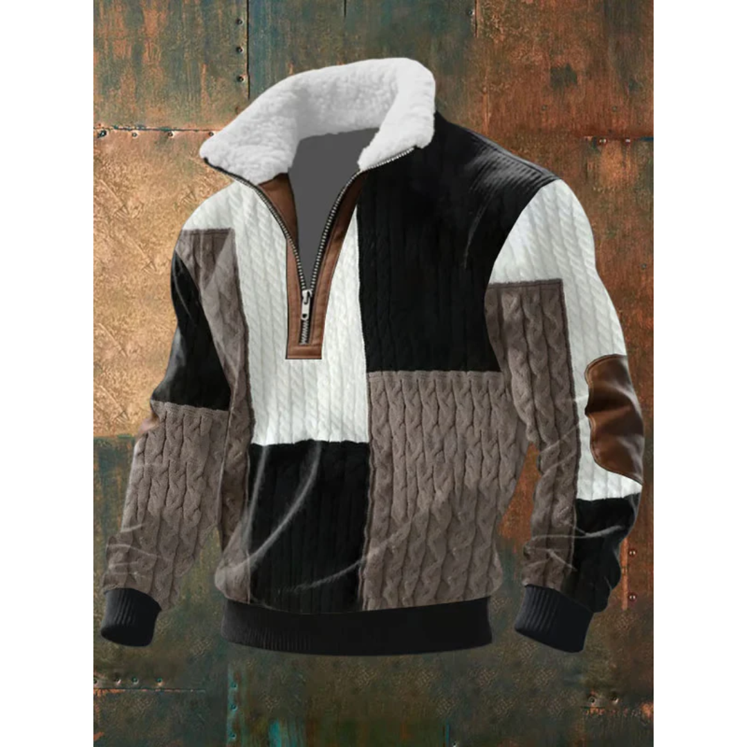 Black, white and brown colorblock quarter-zip sweater with sherpa collar