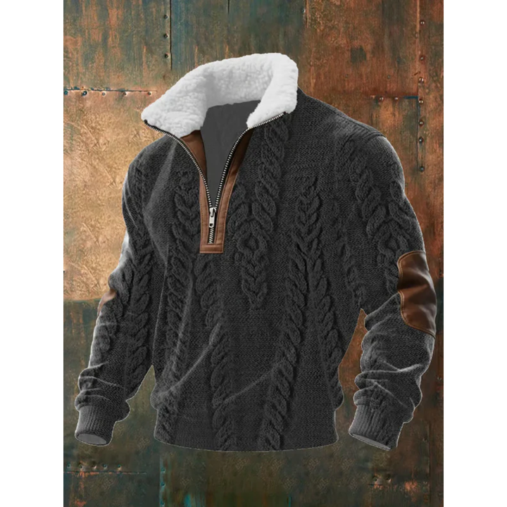 Charcoal cable knit quarter-zip sweater with fleece collar