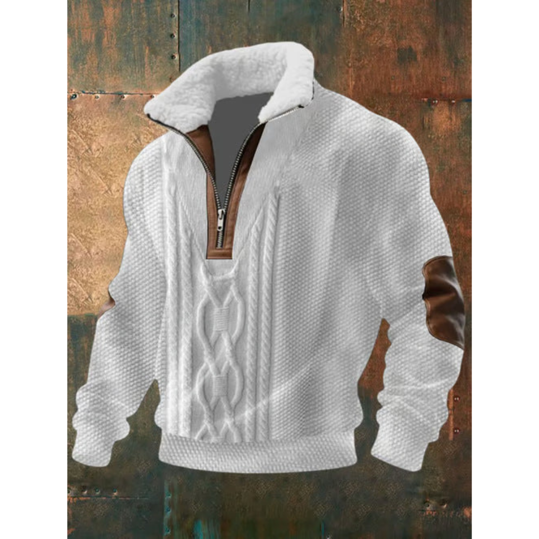 White cable knit quarter-zip sweater with sherpa collar