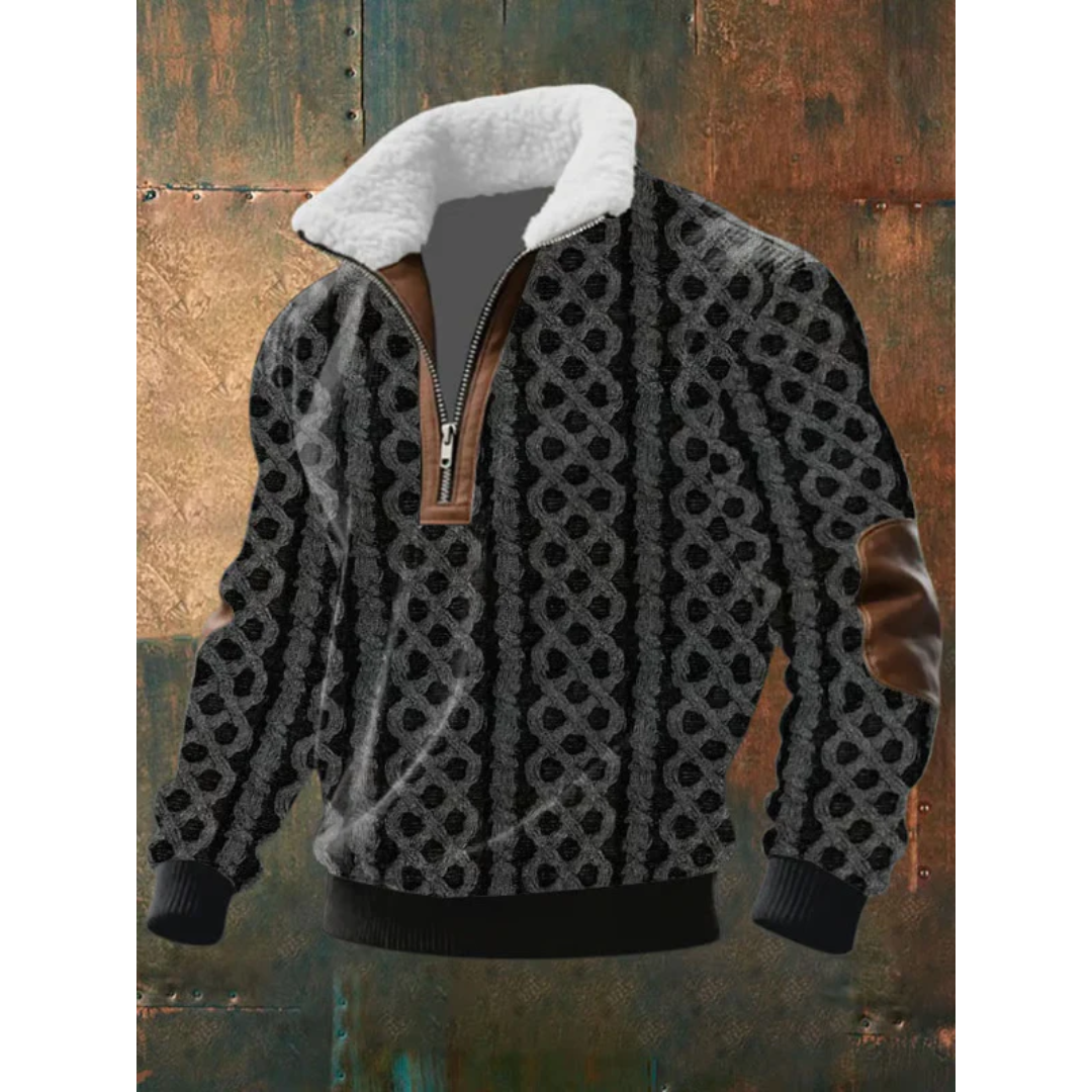 Black and gray patterned quarter-zip sweater with fleece collar