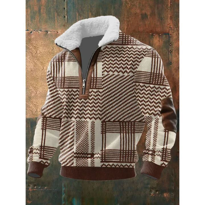 Cream and brown plaid quarter-zip sweater with sherpa collar