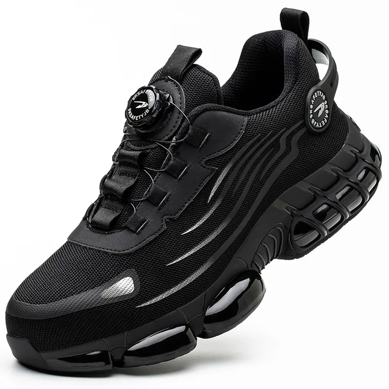 Weston black steel toe work boots with dial lace closure, side view
