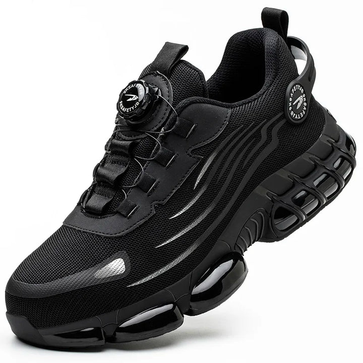 Weston black steel toe work boots with dial lace closure, side view