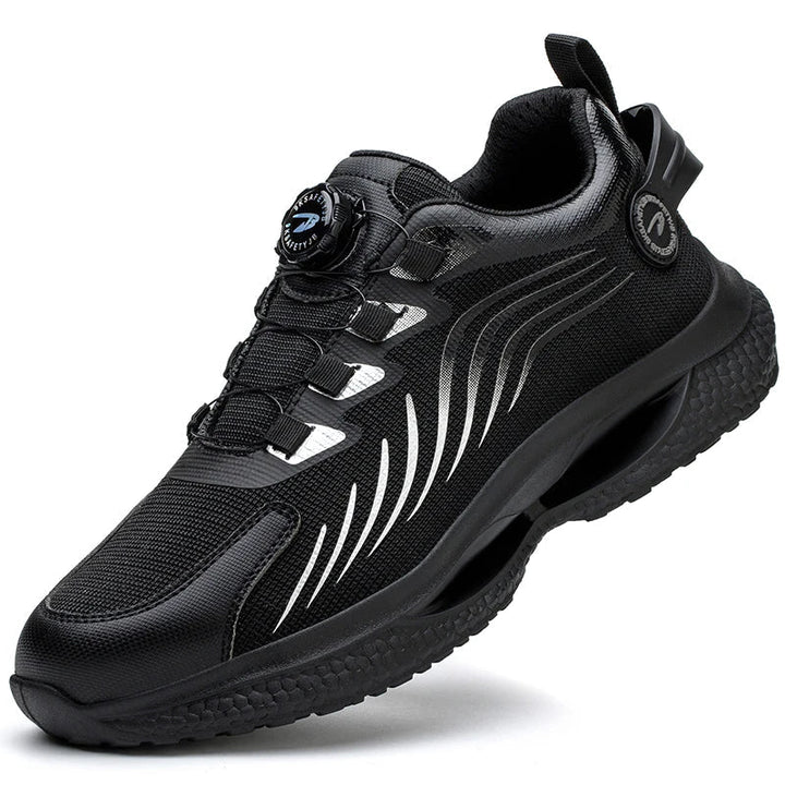 Weston black work boots with reflective panel detail, angled view