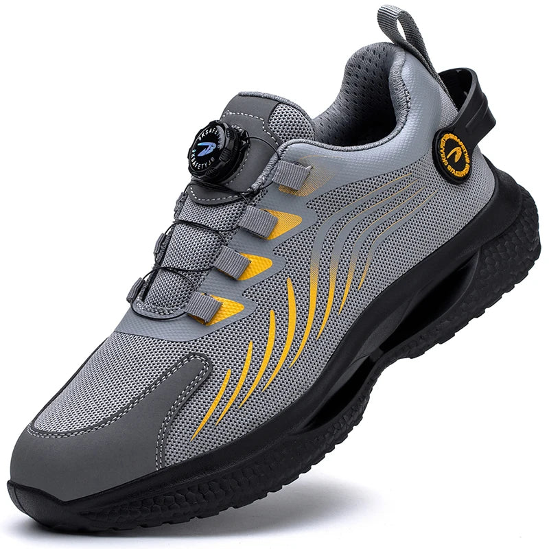 Weston gray work boots with dial lace system and yellow accents