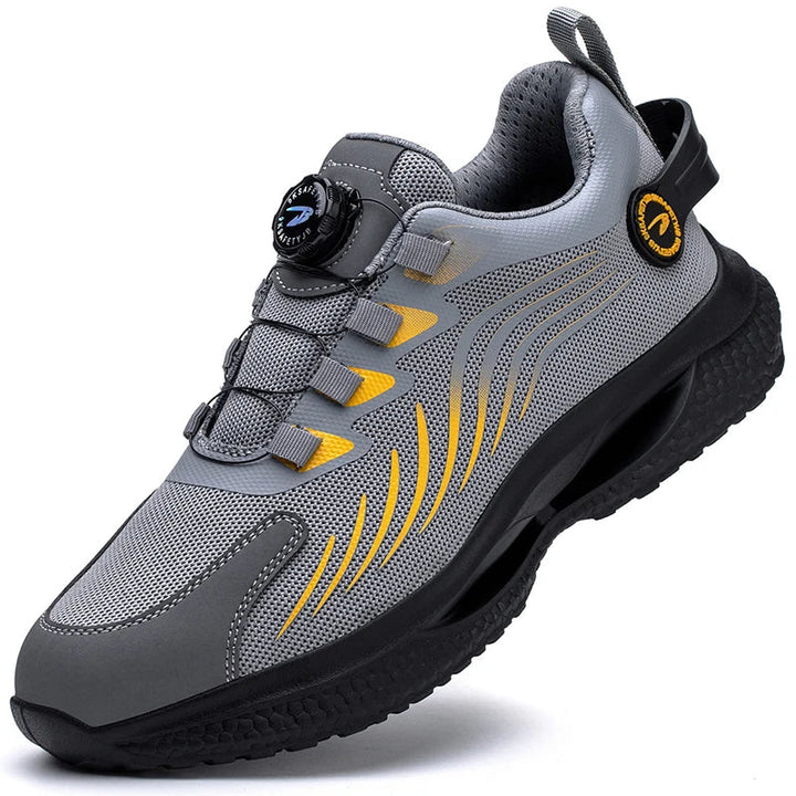 Weston gray work boots with dial lace system and yellow accents