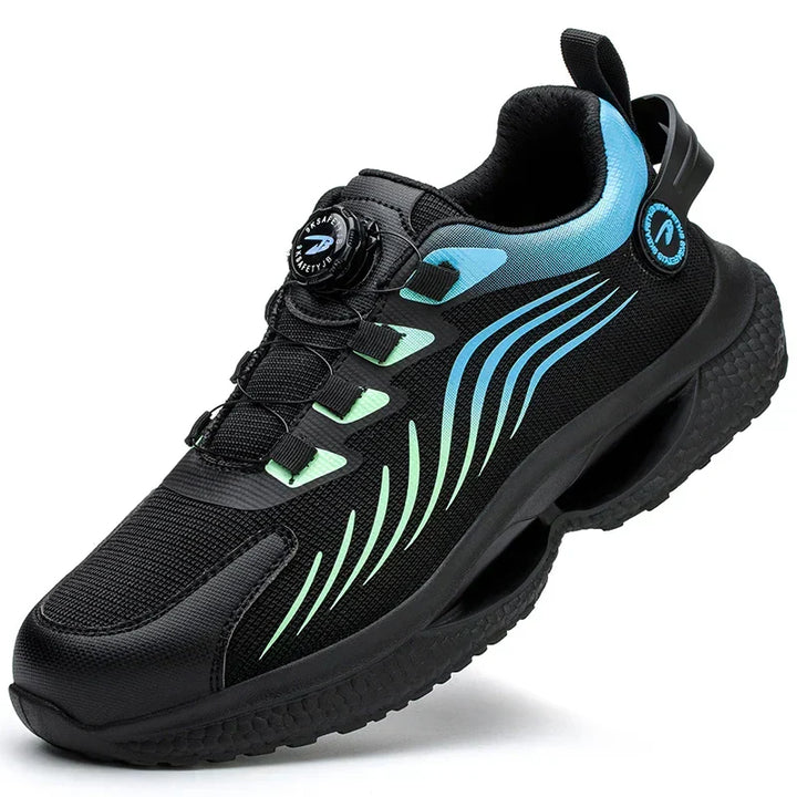 Weston black work boots with blue and green reflective trim