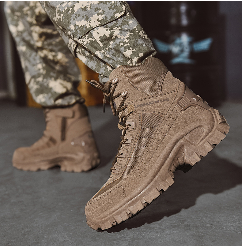 Weston tactical work boots worn outdoors with camouflage pants, lifestyle side view