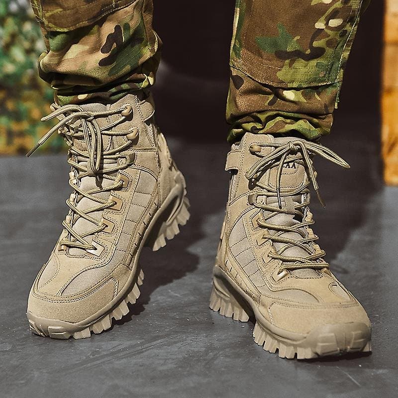 Weston work boots worn outdoors with camouflage pants, close-up lifestyle