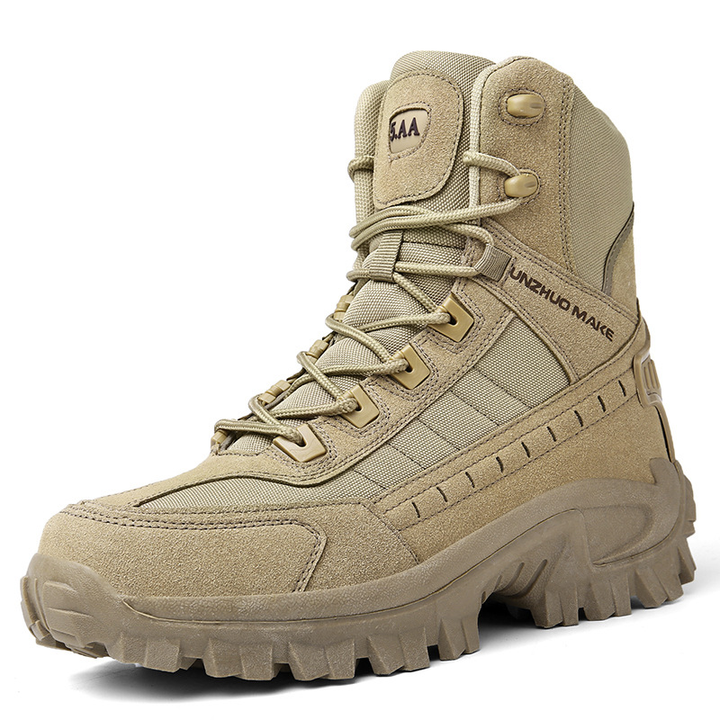 Weston high-top work boots, angled side view on white background