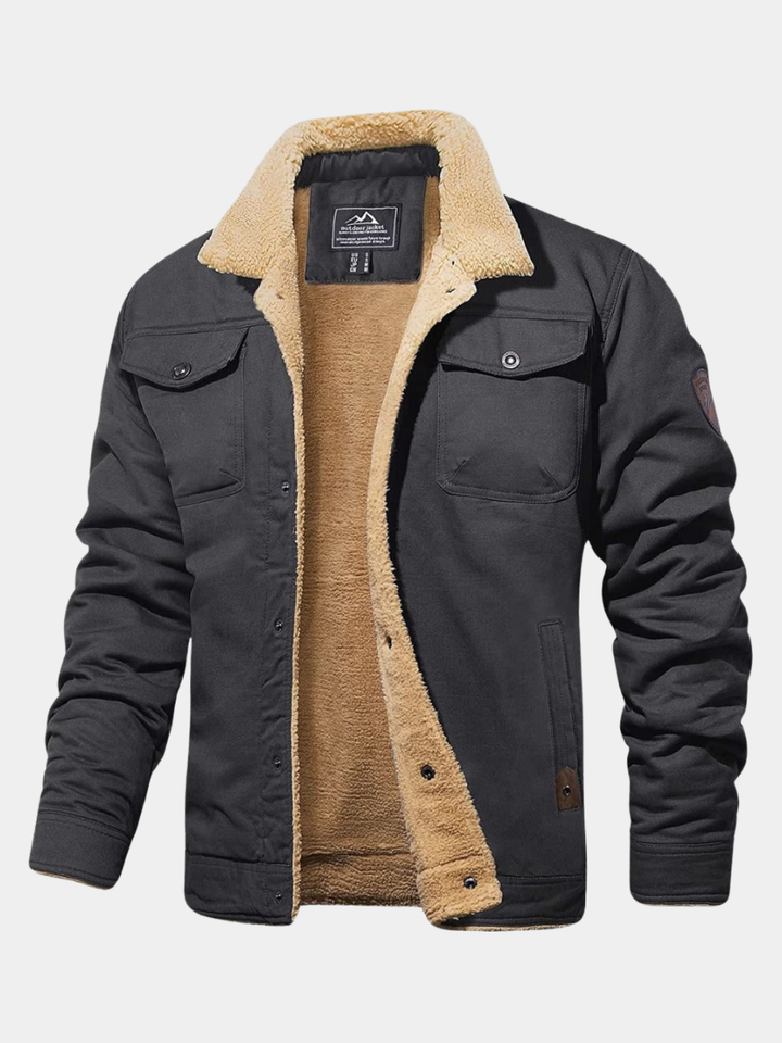Wystan sherpa collar trucker jacket in charcoal, front view open