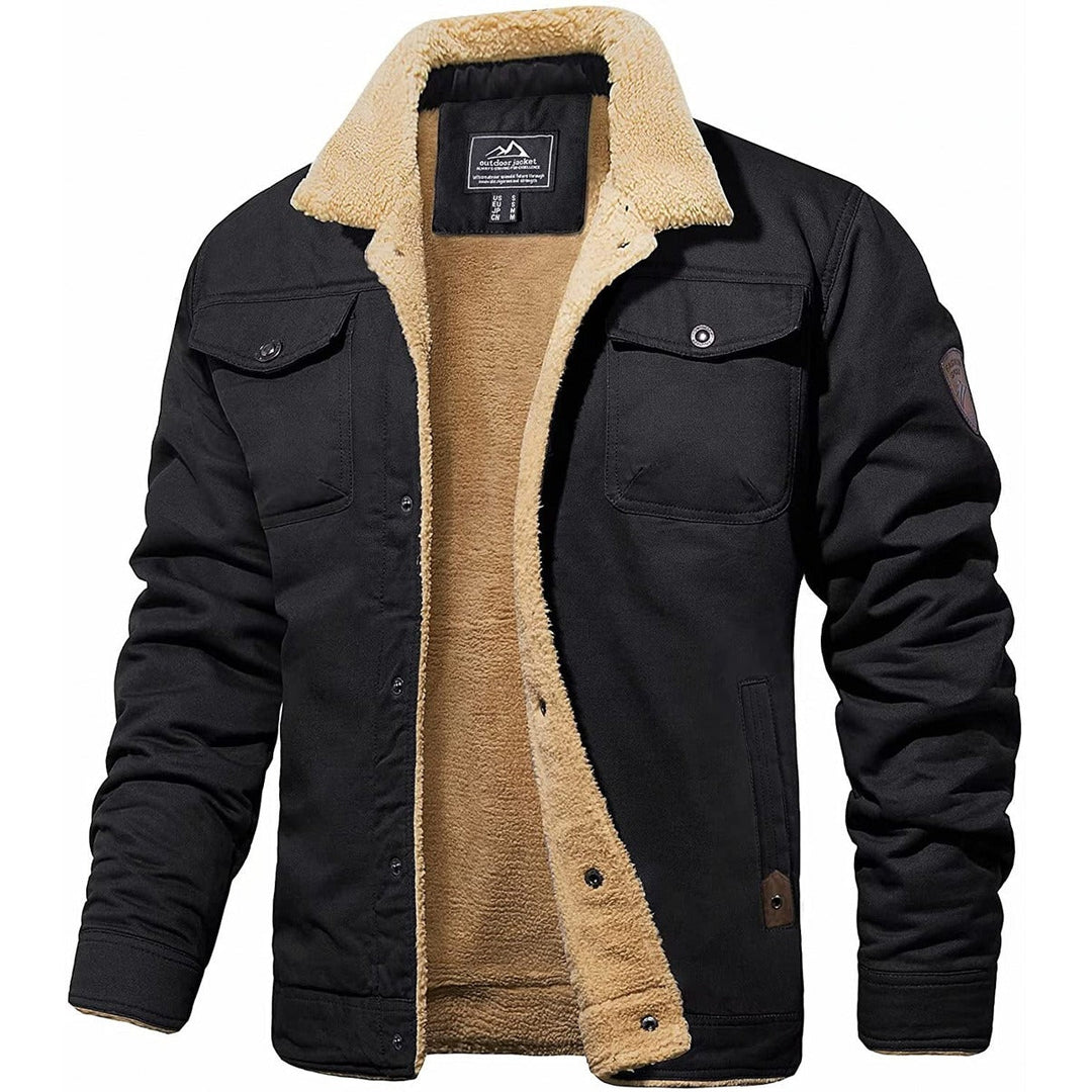 Wystan sherpa collar trucker jacket in black, front view open