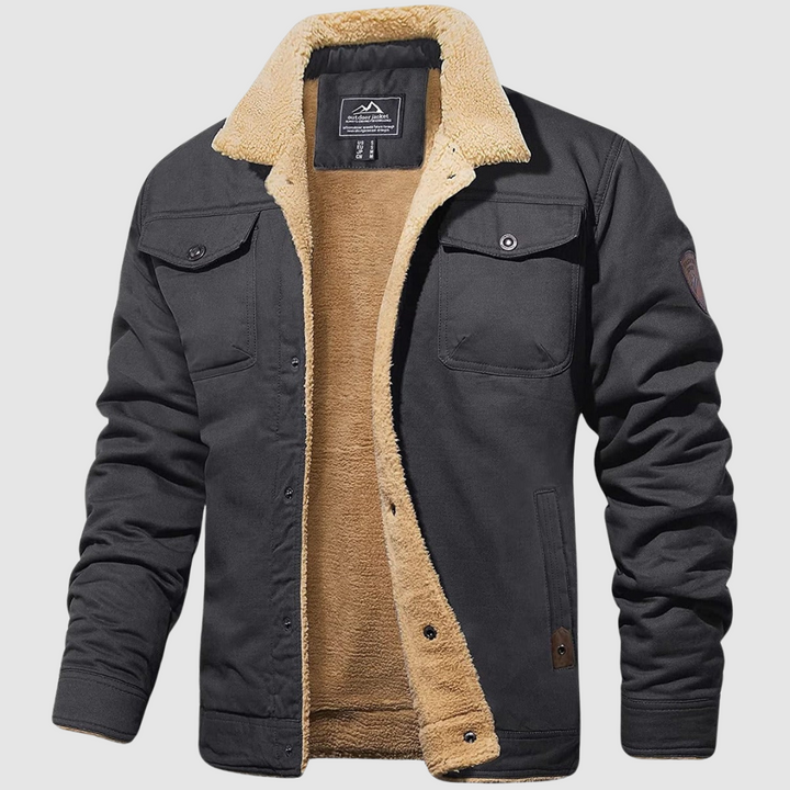 Wystan sherpa collar trucker jacket in gray, front view open