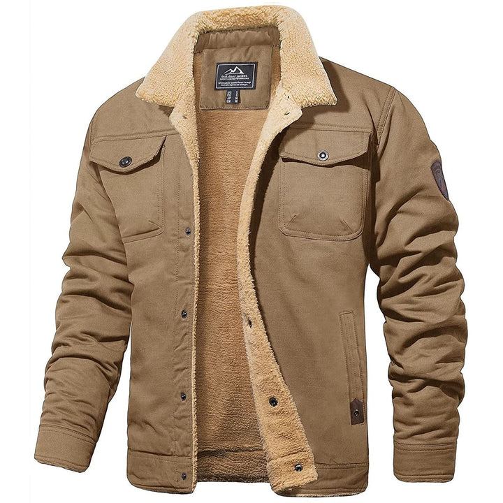 Wystan sherpa collar trucker jacket in khaki, front view open